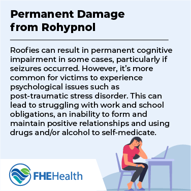 Permanent damage from rohypnol, or roofies, include cognitive impairment and psychological issues such as PTSD.