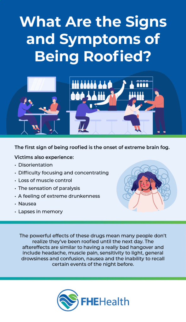 What are the signs and symptoms of being roofied? The first sign of being roofied is the onset of extreme brain fog. Victims also experience: disorientation, difficulty focusing and concentrating, loss of muscle control, sensation of paralysis, a feeling of extreme drunkenness, nausea, lapses in memory.